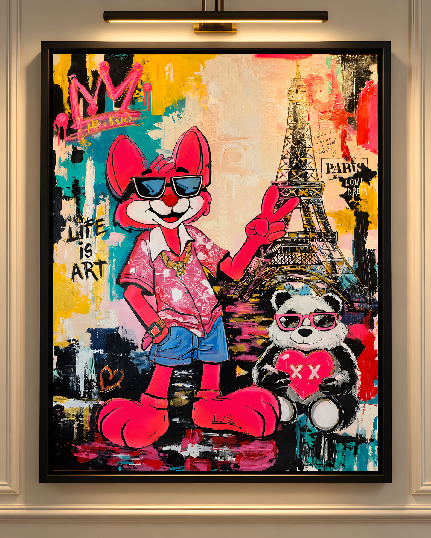 Mr Roo and Pandy in Paris, pink figure with sunglasses beside figure with red heart, pop-art wall art by Nursel Önen, NÖ-B-17, View 2