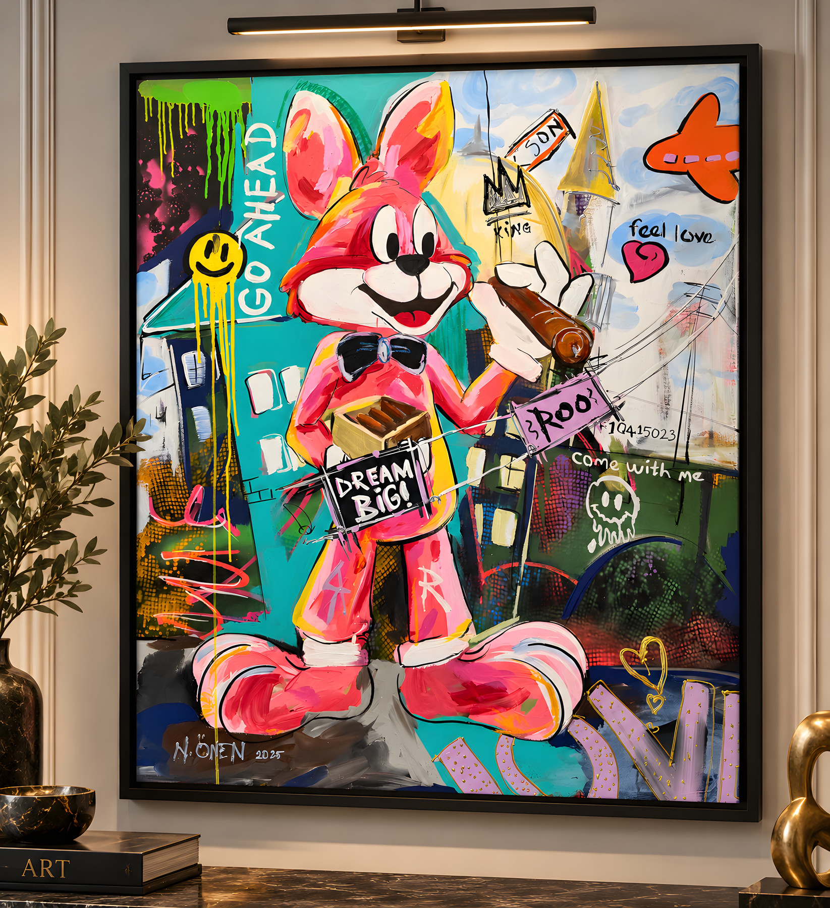 Mr Roo “Big Dream, Go Ahead”, pink figure with bow tie holding cigar and box, pop-art wall art by Nursel Önen, NÖ-B-13, View 2