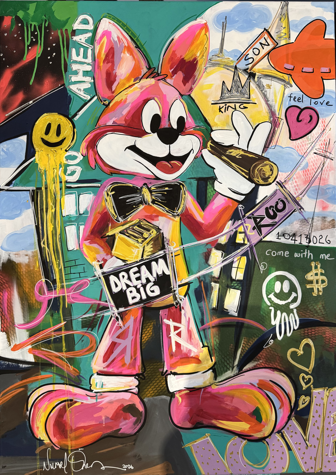 Mr Roo “Big Dream, Son”, pink figure with black bow tie holding a cigar, pop-art wall art by Nursel Önen, NÖ-B-28