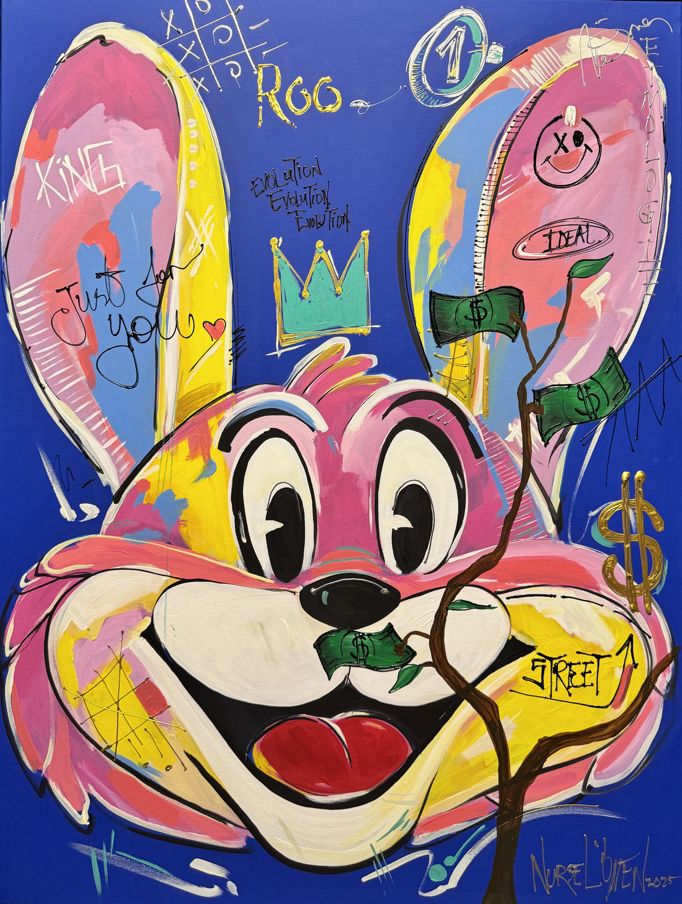 Mr Roo “Ideal”, smiling pink and yellow figure with dollar bill tree, pop-art wall art by Nursel Önen, NÖ-B-14