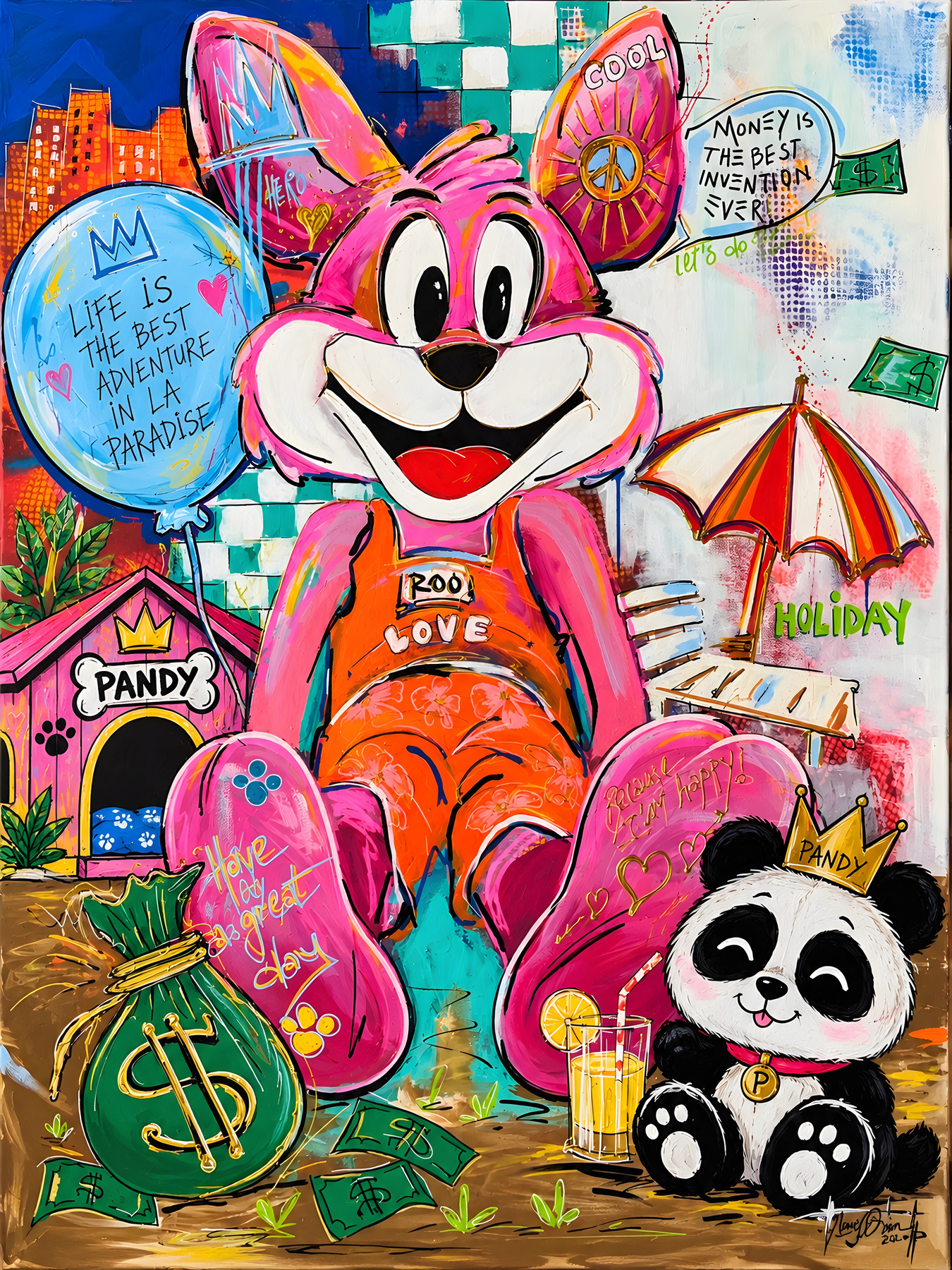 Mr Roo is on vacation with Pandy, sitting smiling pink figure in orange overalls, pop-art wall art by Nursel Önen, NÖ-B-25