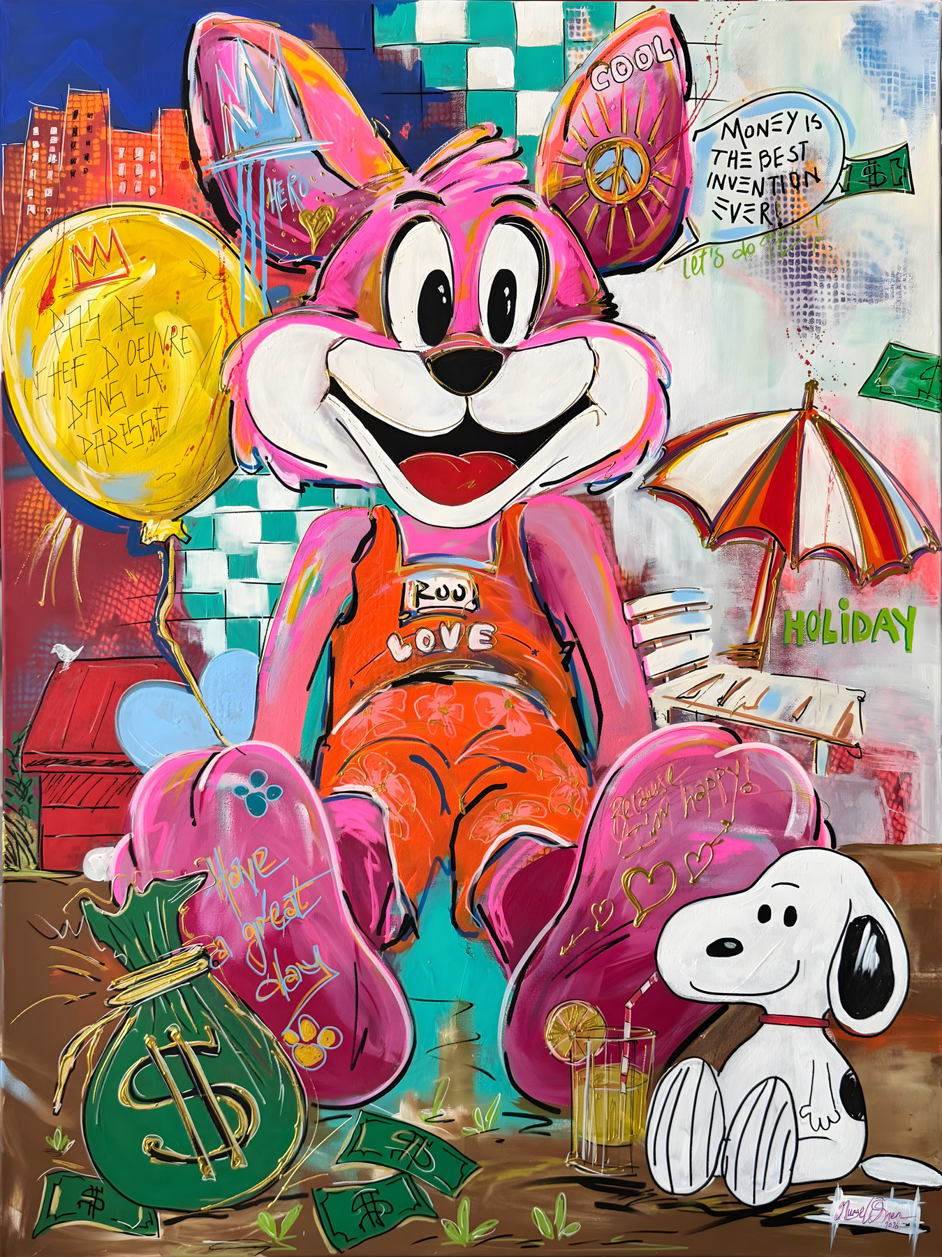 Mr Roo is on vacation with Snoopy, smiling pink figure in orange outfit with white dog, pop-art wall art by Nursel Önen, NÖ-B-16