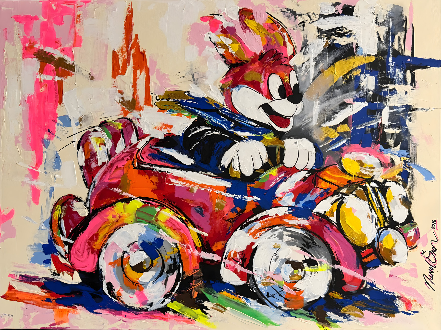 Mr Roo “Joyride”, smiling pink figure with white gloves driving a colorful car, pop-art wall art by Nursel Önen, NÖ-B-22