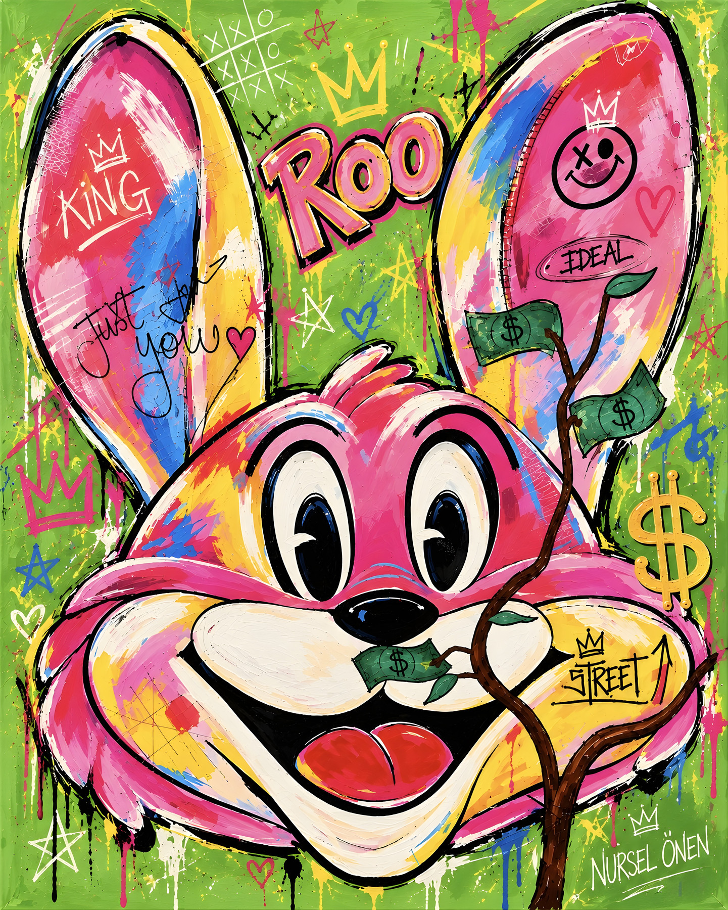 Mr Roo “Money Street”, pink smiling figure with branch of dollar bills, pop-art wall art by Nursel Önen, NÖ-B-27