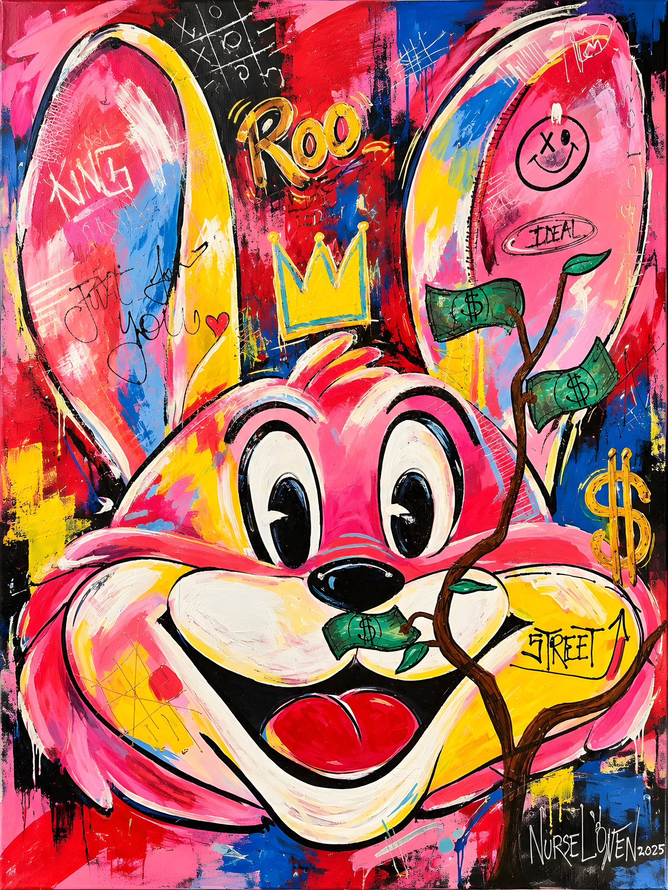 Mr Roo “Money Tree”, pink figure with crown and banknote in mouth, pop-art wall art by Nursel Önen, NÖ-B-26