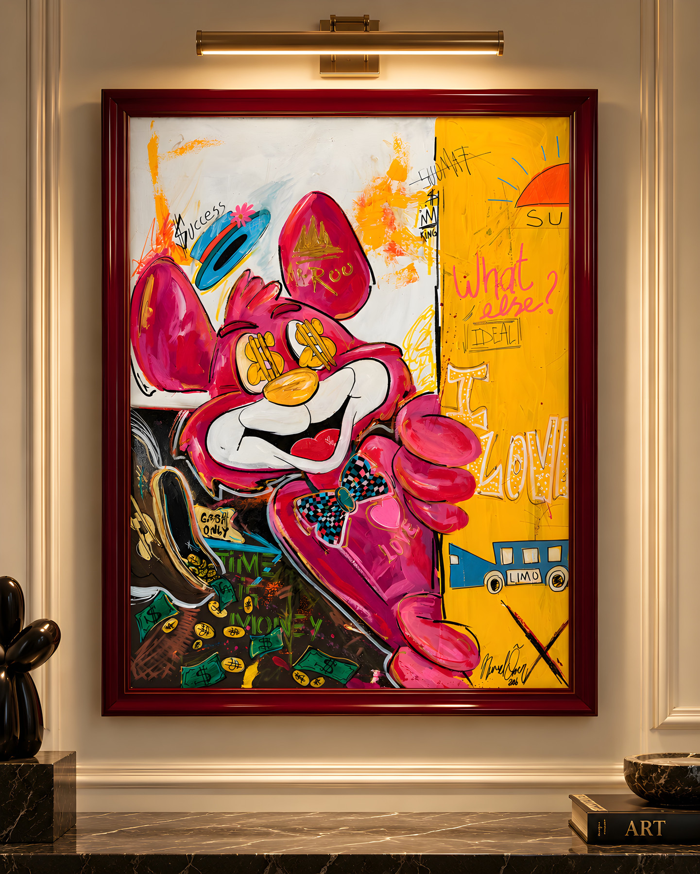 Mr Roo “Success”, pink figure with dollar eyes and checkered bow tie, pop-art wall art by Nursel Önen, NÖ-B-20, View 2