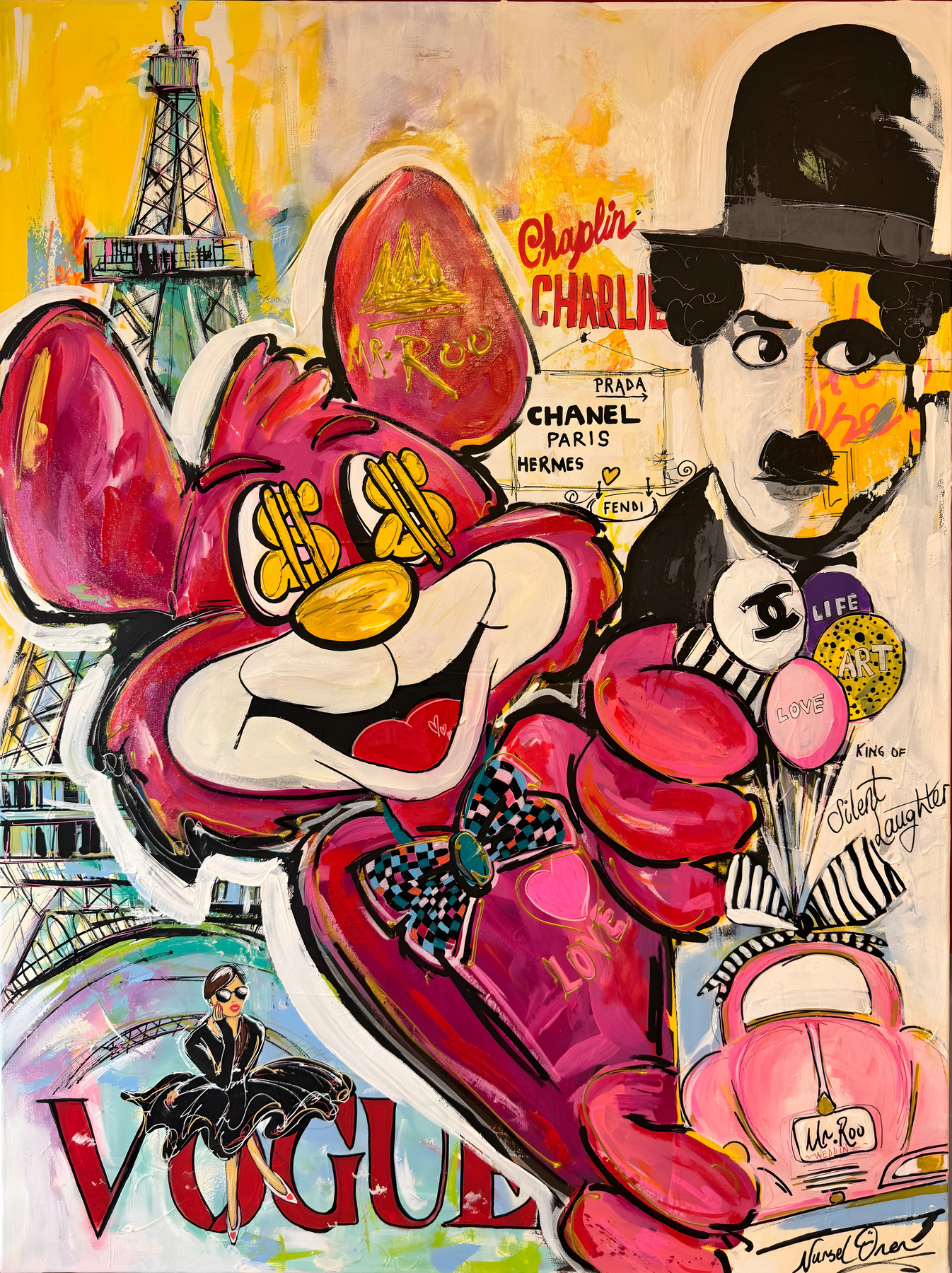 Mr Roo with Charlie Chaplin, pink figure with dollar eyes and checkered bow tie, pop-art wall art by Nursel Önen, NÖ-B-21
